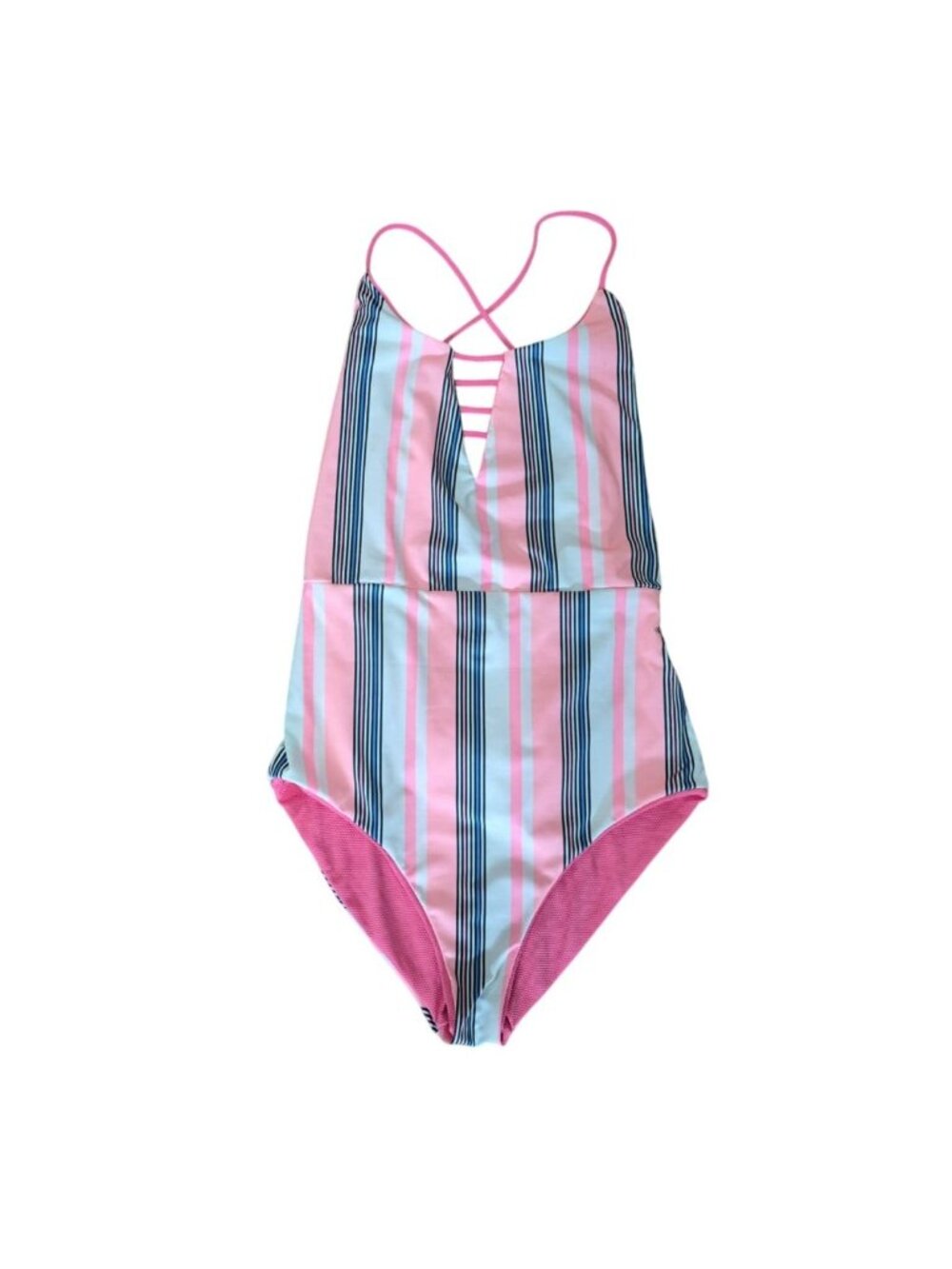 Maa39ji One Piece Swimsuit Size L Pink Striped Crisscross Back Textured